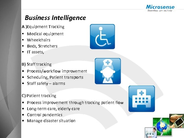 Business Intelligence A )Equipment Tracking § § Medical equipment Wheelchairs Beds, Stretchers IT assets,