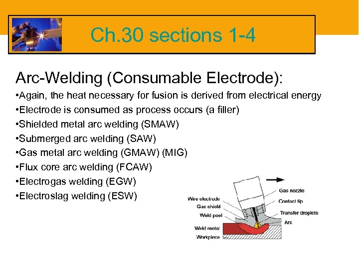 Ch. 30 sections 1 -4 Arc-Welding (Consumable Electrode): • Again, the heat necessary for