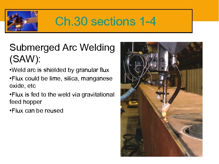 Ch. 30 sections 1 -4 Submerged Arc Welding (SAW): • Weld arc is shielded