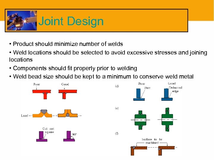 Joint Design • Product should minimize number of welds • Weld locations should be