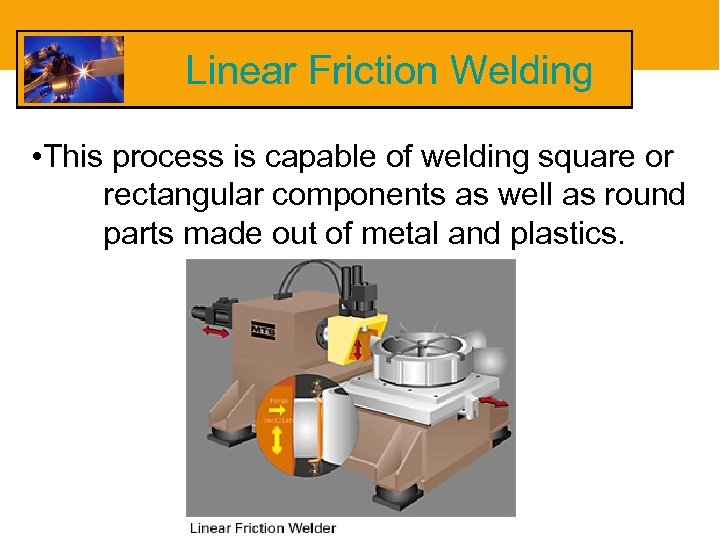 Linear Friction Welding • This process is capable of welding square or rectangular components