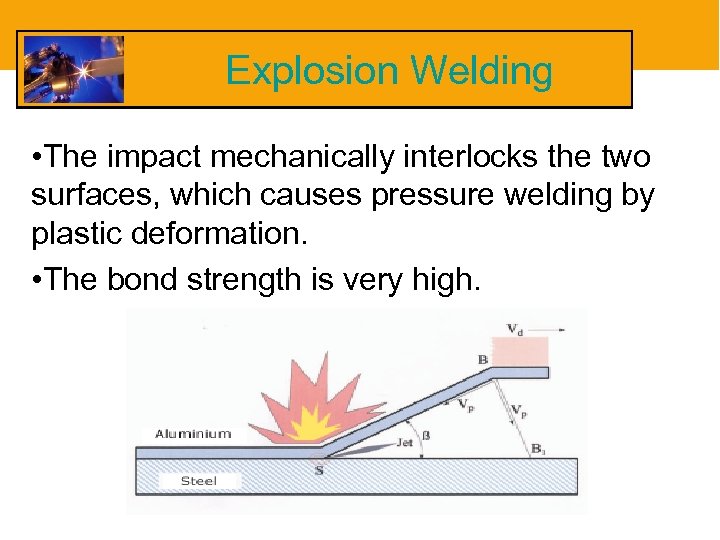 Explosion Welding • The impact mechanically interlocks the two surfaces, which causes pressure welding