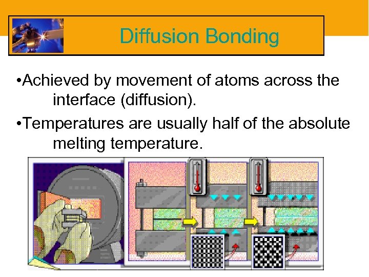 Diffusion Bonding • Achieved by movement of atoms across the interface (diffusion). • Temperatures