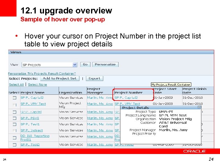 12. 1 upgrade overview Sample of hover pop-up • Hover your cursor on Project