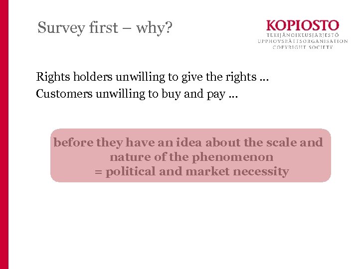 Survey first – why? Rights holders unwilling to give the rights … Customers unwilling