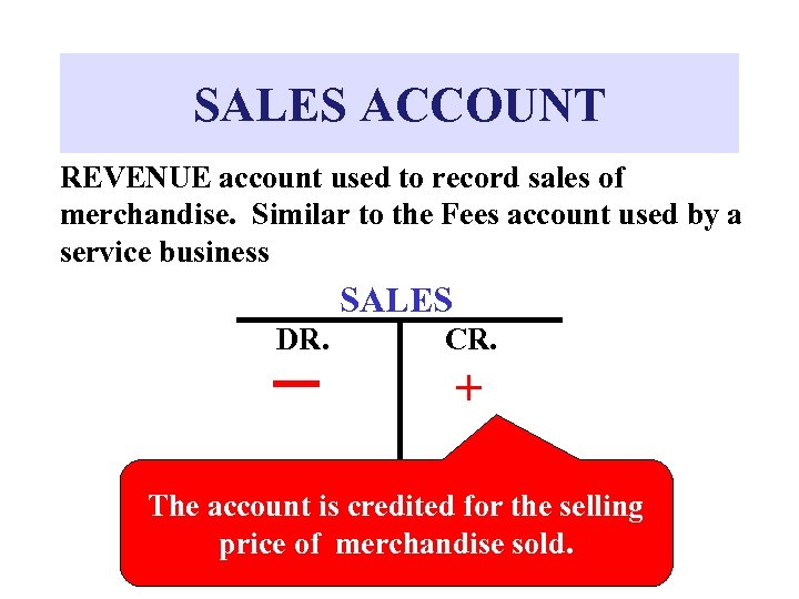 SALES ACCOUNT REVENUE account used to record sales of merchandise. Similar to the Fees