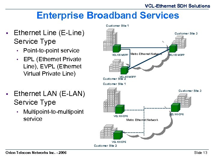VCL-Ethernet SDH Solutions Enterprise Broadband Services Customer Site 1 § Ethernet Line (E-Line) Service
