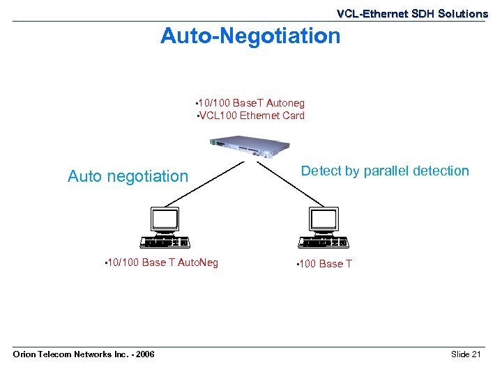 VCL-Ethernet SDH Solutions Auto-Negotiation • 10/100 Base. T Autoneg • VCL 100 Ethernet Card