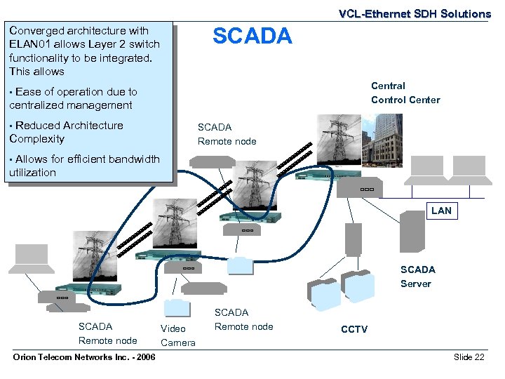 VCL-Ethernet SDH Solutions SCADA Converged architecture with ELAN 01 allows Layer 2 switch functionality