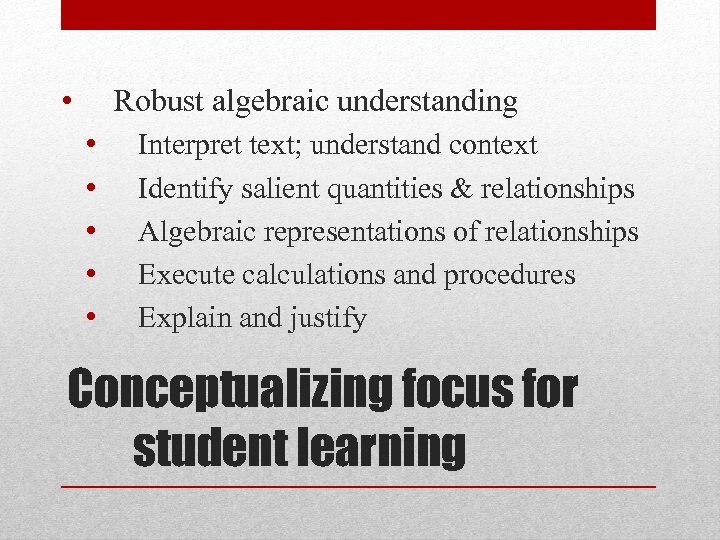  • Robust algebraic understanding • • • Interpret text; understand context Identify salient