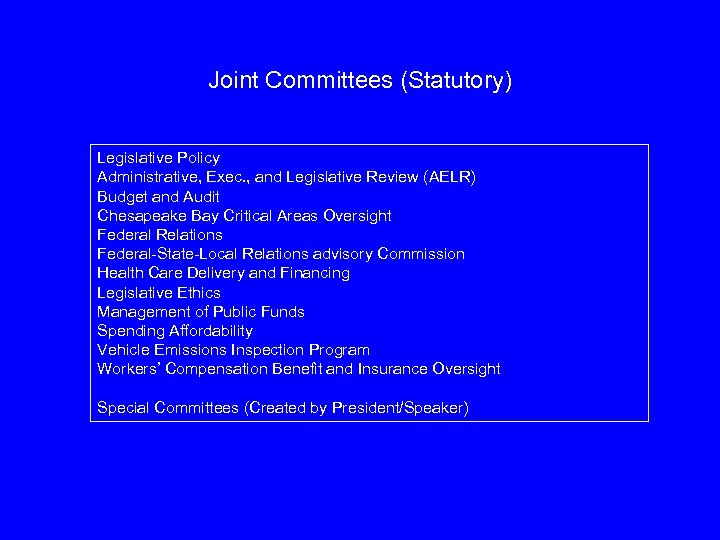 Joint Committees (Statutory) Legislative Policy Administrative, Exec. , and Legislative Review (AELR) Budget and