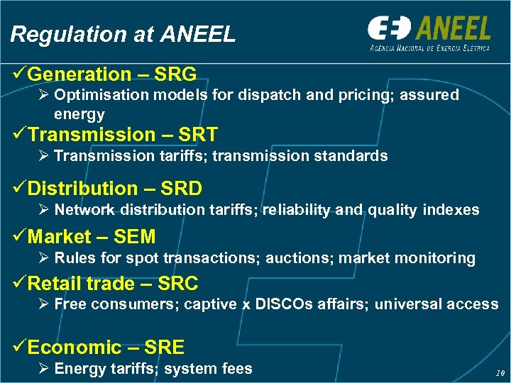 Regulation at ANEEL üGeneration – SRG Ø Optimisation models for dispatch and pricing; assured