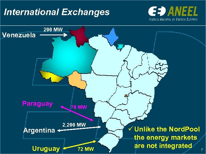International Exchanges Venezuela 200 MW Paraguay Argentina Uruguay 70 MW 2, 200 MW 72