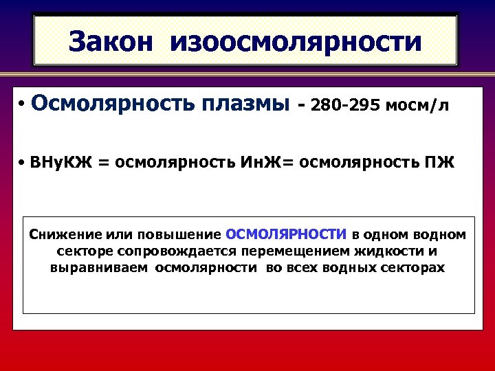 Закон изоосмолярности • Осмолярность плазмы - 280 -295 мосм/л • ВНу. КЖ = осмолярность