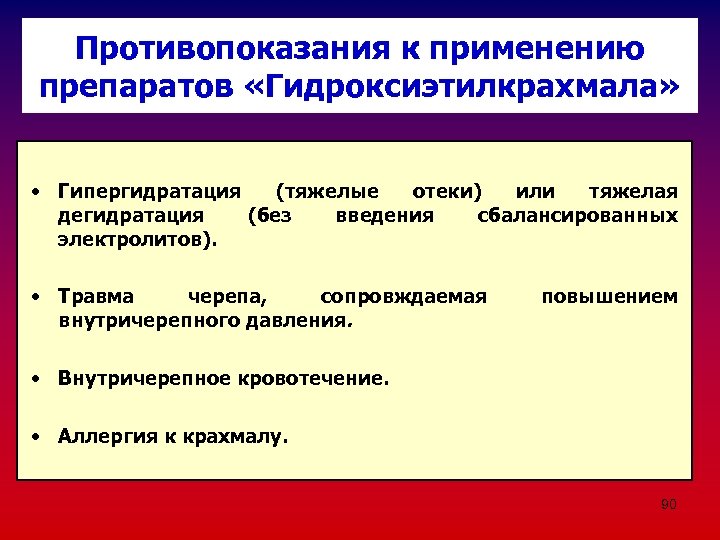 Противопоказания к применению препаратов «Гидроксиэтилкрахмала» • Гипергидратация (тяжелые отеки) или тяжелая дегидратация (без введения