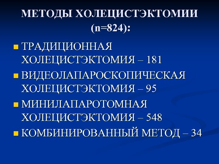 МЕТОДЫ ХОЛЕЦИСТЭКТОМИИ (n=824): n ТРАДИЦИОННАЯ ХОЛЕЦИСТЭКТОМИЯ – 181 n ВИДЕОЛАПАРОСКОПИЧЕСКАЯ ХОЛЕЦИСТЭКТОМИЯ – 95 n
