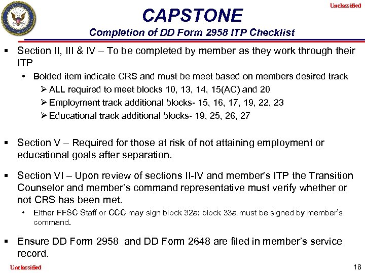 CAPSTONE Unclassified Completion of DD Form 2958 ITP Checklist § Section II, III &