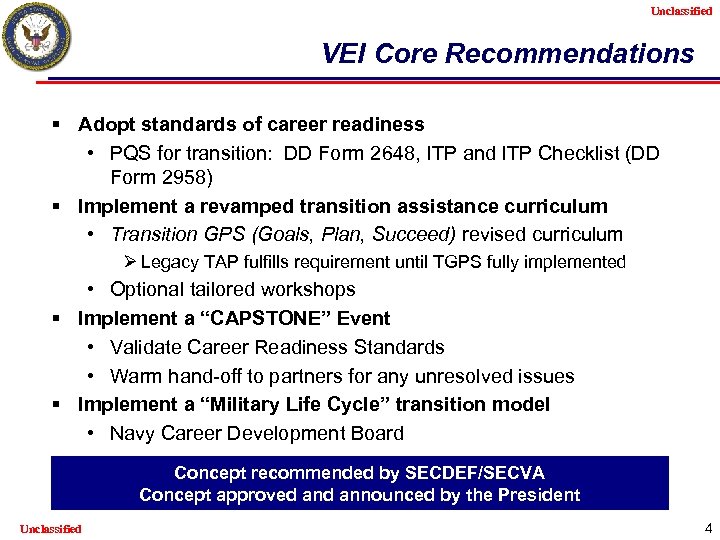 Unclassified VEI Core Recommendations § Adopt standards of career readiness • PQS for transition: