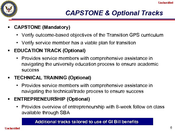 Unclassified CAPSTONE & Optional Tracks § CAPSTONE (Mandatory) • Verify outcome-based objectives of the