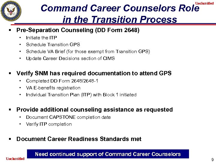 Unclassified Command Career Counselors Role in the Transition Process § Pre-Separation Counseling (DD Form