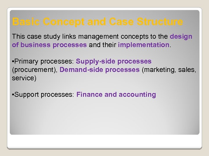 Basic Concept and Case Structure This case study links management concepts to the design