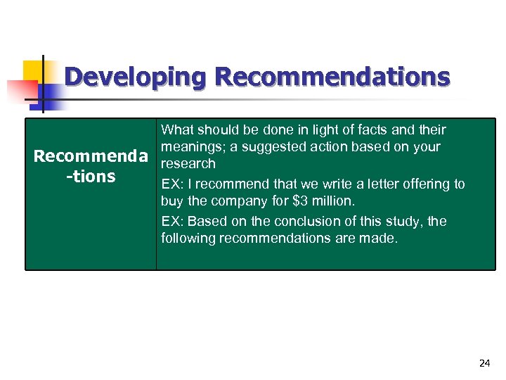 Developing Recommendations Recommenda -tions What should be done in light of facts and their