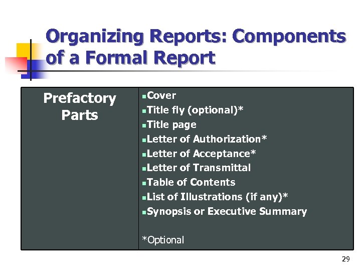 Organizing Reports: Components of a Formal Report Prefactory Parts Cover n. Title fly (optional)*