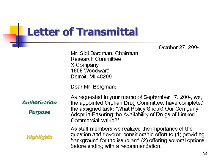 Letter of Transmittal Mr. Sigi Bergman, Chairman Research Committee X Company 1806 Woodward Detroit,