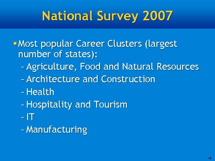 National Survey 2007 § Most popular Career Clusters (largest number of states): – Agriculture,