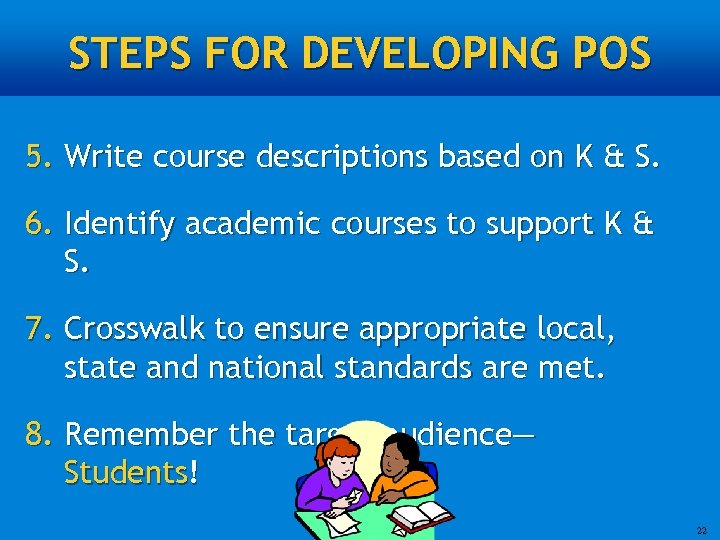 STEPS FOR DEVELOPING POS 5. Write course descriptions based on K & S. 6.