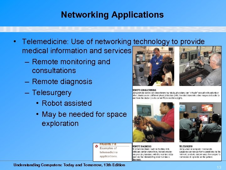 Networking Applications • Telemedicine: Use of networking technology to provide medical information and services