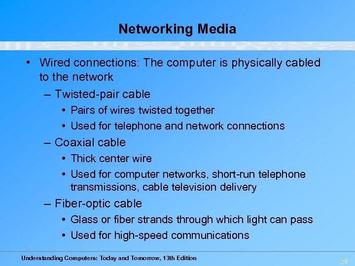 Networking Media • Wired connections: The computer is physically cabled to the network –