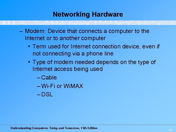 Networking Hardware – Modem: Device that connects a computer to the Internet or to