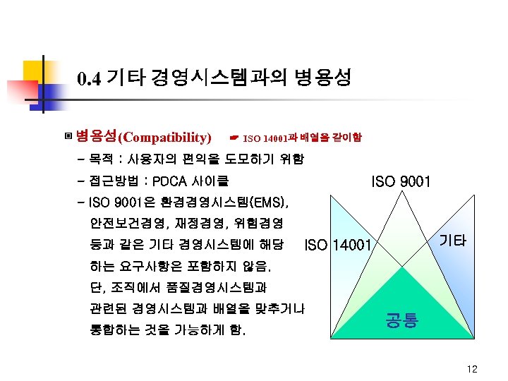 0. 4 기타 경영시스템과의 병용성 ▣ 병용성(Compatibility) ☞ ISO 14001과 배열을 같이함 - 목적