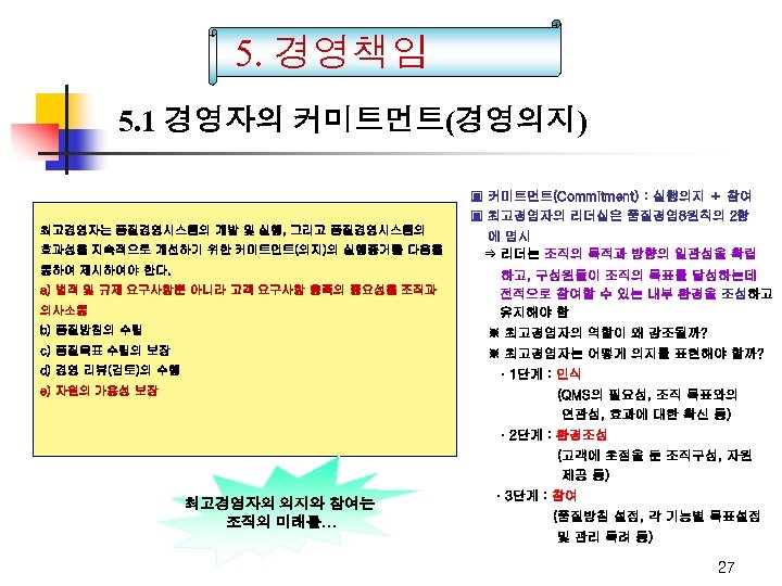 5. 경영책임 5. 1 경영자의 커미트먼트(경영의지) ▣ 커미트먼트(Commitment) : 실행의지 ＋ 참여 ▣ 최고경영자의