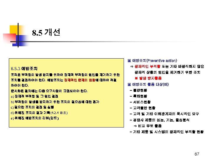 8. 5 개선 ▣ 예방조치(Preventive action) 8. 5. 3 예방조치 조직은 부적합의 발생 방지를
