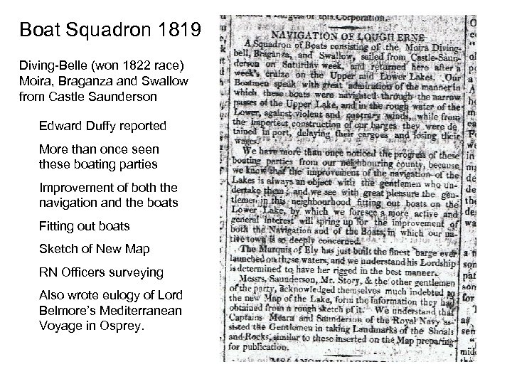 Boat Squadron 1819 Diving-Belle (won 1822 race) Moira, Braganza and Swallow from Castle Saunderson