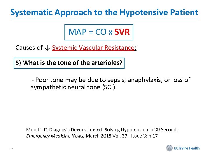 Systematic Approach to the Hypotensive Patient MAP = CO x SVR Causes of ↓