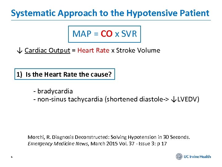 Systematic Approach to the Hypotensive Patient MAP = CO x SVR ↓ Cardiac Output