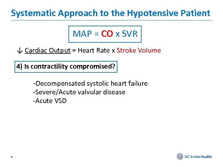 Systematic Approach to the Hypotensive Patient MAP = CO x SVR ↓ Cardiac Output