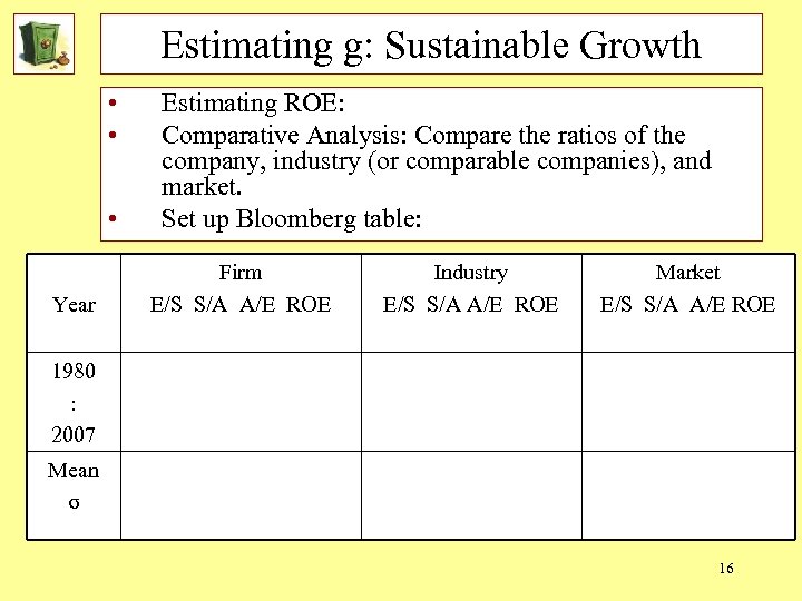 Estimating g: Sustainable Growth • • • Year Estimating ROE: Comparative Analysis: Compare the