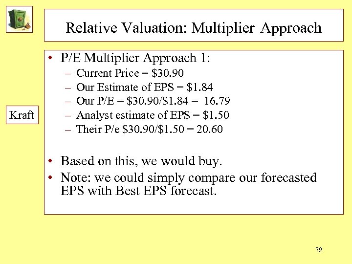 Relative Valuation: Multiplier Approach • P/E Multiplier Approach 1: Kraft – – – Current