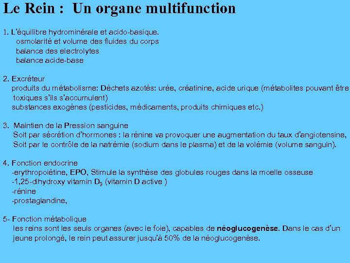 Le Rein : Un organe multifunction 1. L’équilibre hydrominérale et acido-basique. osmolarité et volume