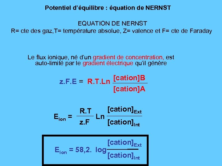 Potentiel d’équilibre : équation de NERNST EQUATION DE NERNST R= cte des gaz, T=