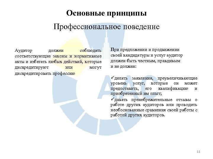 Основные принципы Профессиональное поведение Аудитор должен соблюдать соответствующие законы и нормативные акты и избегать