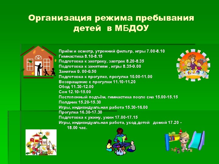 Организация режима пребывания детей в МБДОУ Приём и осмотр, утренний фильтр, игры 7. 00