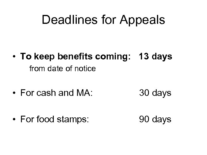 Deadlines for Appeals • To keep benefits coming: 13 days from date of notice