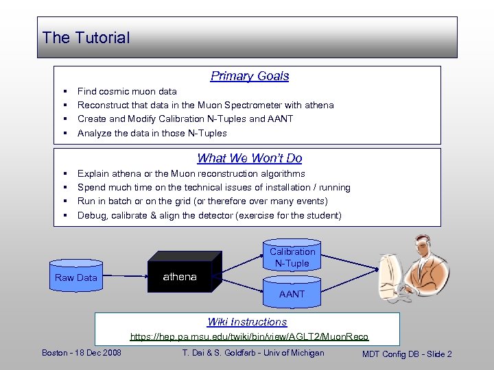 The Tutorial Primary Goals § § Find cosmic muon data Reconstruct that data in