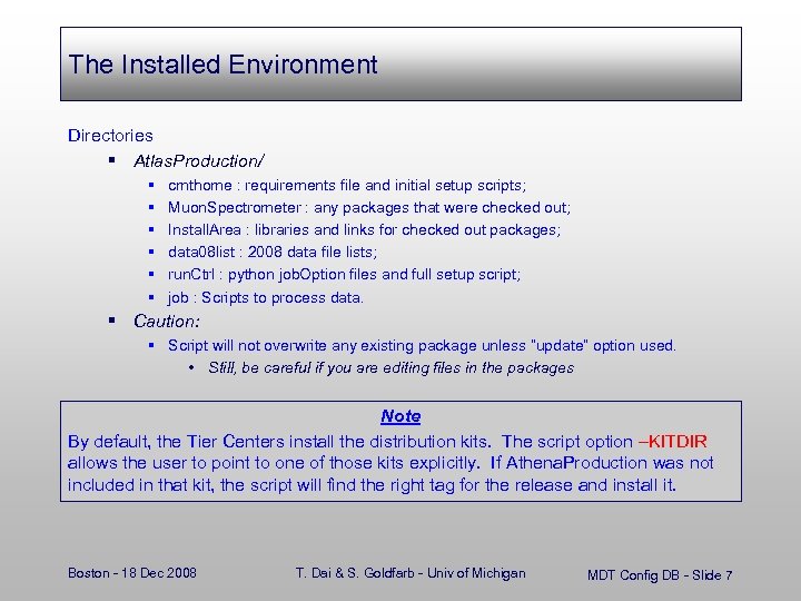 The Installed Environment Directories § Atlas. Production/ § § § cmthome : requirements file