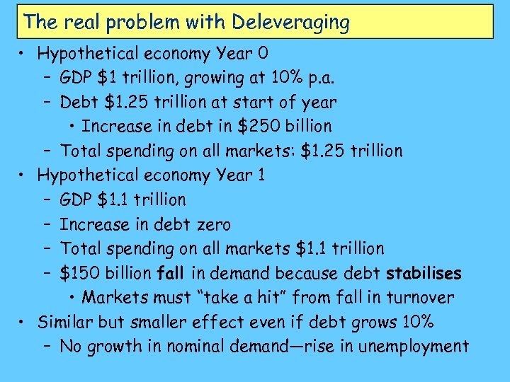 The real problem with Deleveraging • Hypothetical economy Year 0 – GDP $1 trillion,